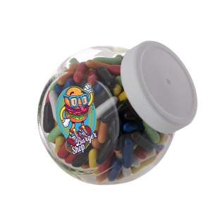 Small glass jar 0,4 liter with white lid and full colour printed sticker on both sides. Filled with Licorice sticks mix