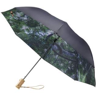 21" Automatic opening two section folding umbrella. Dual layer polyester canopy with matching polyester pouch. Forest pattern on interior canopy. Metal shaft and wood handle with wrist strap.