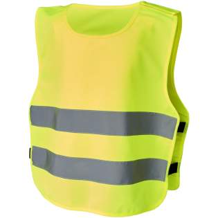 High visibility vest in XS size suitable for kids age 7-12 years with a height between 104-121 cm. Large decoration area on the front and on the back of the vest. On the shoulder and the bottom elastic bands there are hook & loop closures, that offers extra safety and makes the vest easy to put on. The elastic bands on the other side makes it stretchable allowing easy wearing on thick coats. The vest is tested and certified under regularions EN 1150:1999. It also adheres to the PPE guidelines on application of Regulation (EU) 2016/425 Personal Protective Equipment Category II.