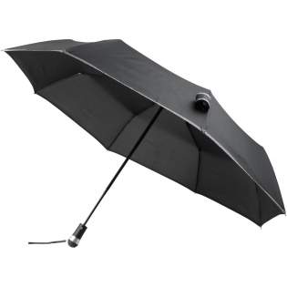 Luminous 27" LED fold. auto. open/close umbrella. Automatic open and close umbrella with bright revolving LED light integrated in comfortable rubberized handle. Sturdy black metal hexagonal shaft with fiberglass ribs. The pongee polyester canopy carries reflective fabric for improved visibility during the darker times of a rainy day.3 batteries included.