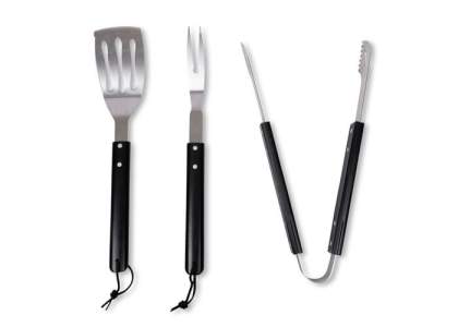 Fredde BBQ barbeque utensils by Sagaform with a practical design in stainless steel with black stained handles in wood and a good grip for easy use perfect for a barbecue.