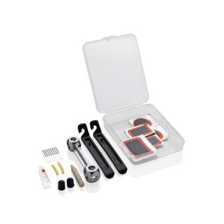 Compact easy to carry bike repair kit easy to carry in a PP box. The set includes 1 aluminum alloy wrench, 2 tyre levers, 1 glue, 2 valve caps, 2 valve tubes, 1 grater, 5 repair patches.