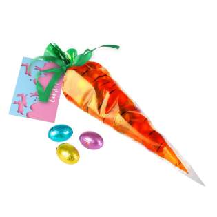 Carrot cone bag filled with approx. 230 grams of Crispy Easter eggs and a full color printed card