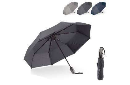 Parapluie pliable de luxe avec un look professionnel. La poignée de forme ergonomique comporte un mécanisme pour ouvrir et fermer le parapluie automatiquement. La structure est en partie en fibre de verre, ce qui confère au parapluie une résistance s...