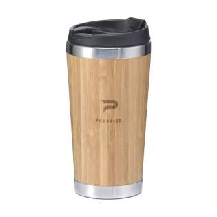 Double-walled, leak proof, thermos cup. Made from stainless-steel with bamboo finish on the outside. Features a screw lid, click opening and non-slip base. Capacity 450 ml. Each item is individually boxed.