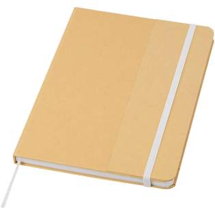 Hard cover A5 notebook made of recycled cardboard with 80 lined sheets of 70 g/m² paper. The notebook has an elastic closure, a ribbon, and rounded corners. 