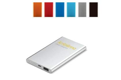 Beau powerbank plat en aluminium 4000mAh. Existe en différents coloris design et moderne. Temps de chargement 4 heures. Livré avec les câbles nécessaires au chargement du powerbank. Livré dans une boite cadeau. Possibilité de marquage en digital (qua...