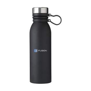 Double-walled, vacuum-insulated, leak proof stainless steel water bottle/thermo bottle. The screw cap is attached to a rotatable silicon carrying strap and remains attached when the bottle is open,  so you always have one hand free. Suitable for maintaining the temperature of cold or hot drinks. Capacity 600 ml. Each item is supplied in an individual brown cardboard box.