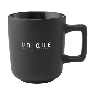 High-quality ceramic mug with a striking handle. Finished with a matte exterior and a high-gloss interior. Dishwasher-safe. The imprint is tested and certified dishwasher-safe: EN 12875-2. Capacity 280 ml. NOTE: The white mug cannot be laser engraved because it is not sufficiently visible.