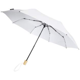 Manual folding umbrella with a recycled PET pongee polyester canopy and a wooden handle. The sturdy metal shaft and high quality frame with fibreglass ribs offers maximum flexibility in windy conditions. Supplied with a pouch and can easily fit a handbag or backpack for convenient carrying. Together with the wooden handle and the recycled PET pongee polyester canopy, this umbrella offers a more sustainable choice.