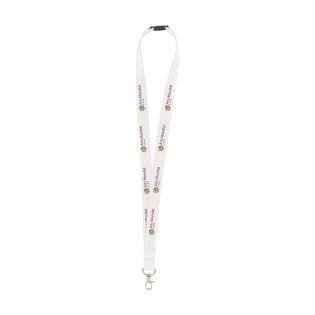 Polyester lanyard with metal carabiner and plastic safety clasp.