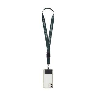 Lanyard of strong woven RPET polyester (made from recycled PET bottles). Supplied with a metal carabiner, a universal patch and a plastic safety lock. The lower part can be disconnected by means of a plastic buckle.  The patch makes it possible to attach your smartphone to your lanyard. With this combination, you can carry your smartphone safely around your neck. This ensures that you have your phone quickly at hand and you can keep your hands and clothing pockets free. This patch is compatible with most smartphone and case combinations, but not with cases with an open bottom. The system is designed so that your phone's charging port is not blocked, even when attached to the lanyard.  Including full-colour sublimation print on the lanyard. Made in Europe.