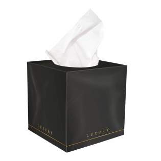 Vierkante tissue box met foliedruk, gevuld met 50 3-laags tissues.