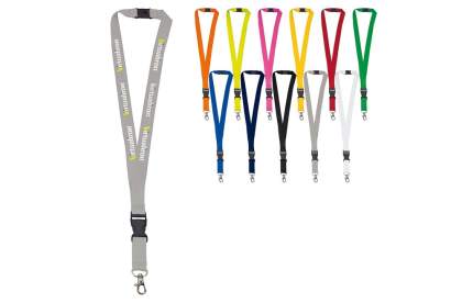 Polyester keycord met afneembare kunststof gesp, metalen haak en veiligheidssluiting.