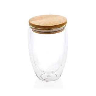 Verre 350ml à double paroi en verre borosilicate et avec un couvercle en bambou. Lavage à la main. Sans BPA.