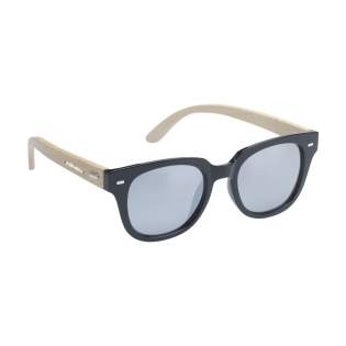 Striking sunglasses with mirrored lenses. The frame of this classic pair is made from sturdy plastic with arms made from bamboo. The mirrored lenses have UV400 protection in line with European standards. Each item is supplied in an individual brown cardboard box.