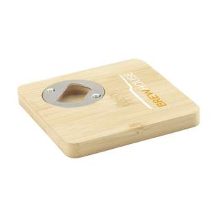 Square bamboo coaster with metal bottle opener in the bottom. Practical and multifunctional. Bamboo is a natural material. As a result, the colour may vary per product.