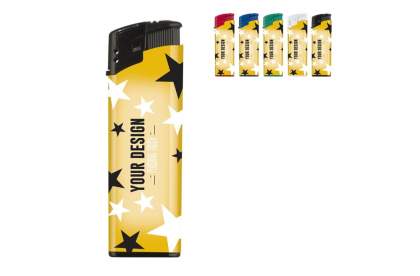 Electronic lighter with custom-made full-colour labelling. Refillable and child-resistant. Minimal order of 5.000 pieces.