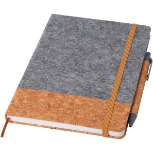 The A5 hard cover notebook is made of cork and recycled felt and has 80 lined sheets of 70 g/m² paper, an elastic closure, ribbon marker, and a pen loop. The button, clip and tip of the ballpoint pen is made of recycled plastic, and the barrel is made of cork. Pen ink: Black. Writing length: 600 metres. Nib size: 1.0 mm.