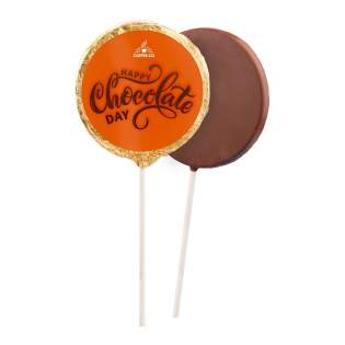Chocolate lolly (milk) of approx. 80 grams in gold foil, with a full colour sticker on the front side
