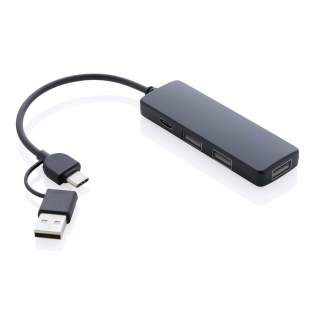 USB-hub met behuizing gemaakt van 100% RCS-standaard gerecycled ABS-kunststof. RCS (Recycled Claim Standard) is een norm om de gerecyclede inhoud van een product in de hele toeleveringsketen te verifiëren. Met 3 USB A 2.0 poorten en 1 type C poort De HUB heeft een geïntegreerde 8,5 cm kabel van 100% gerecycled RCS gecertificeerd TPE materiaal. Totaal gerecycled materiaal: 50% gebaseerd op het totale gewicht van het item. Met dual input connector dus geschikt voor zowel type C als USB A computers. Artikel en accessoires 100% PVC-vrij. Verpakt in FSC®mix verpakking<br /><br />PVC free: true