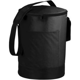 Bucco barrel cooler bag. Barrel-shaped zippered main compartment. Open front pocket. Mesh pocket. Adjustable, padded shoulder strap. PEVA insulation. 70D Nylon. 