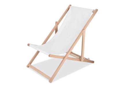 Relax in style by the pool or on the beach with this fully printable folding beach chair. The chair has a sturdy wooden frame and the polyester fabric of the seat can be printed with a full-color design, logo or pattern. Lightweight, portable and adjustable for optimal comfort while enjoying the sun. Made in Europe. Carry weight for the beach chair is 110 kgs