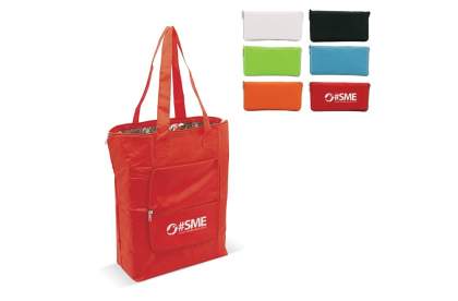 Foldable portable cool bag. Bag can be folded into a small pouch and closed by zipper. Additional compartment on the side.