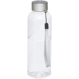 Single-walled water bottle in durable material with screw-on lid. Shatter, stain, and odour resistant. Lid features a strap for easy carrying. BPA free. Volume capacity is 500 ml. 