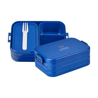 Bento lunch box from Mepal. This lunch box has two separate compartments, as well as an extra box with a fork. This lunch box is robust in design with a close-fitting lid. The lid is fitted with a sealing ring ensuring that the contents remain fresh for a long period of time. The bento containers in the lunch box can be used in the microwave, without the lid. A very high-quality product, this lunch box has a capacity of 900 ml and is suitable for storing up to 4 sandwiches. BPA Free and Food Approved, with a 2-year Mepal factory warranty. Made in Holland.   STOCK INFORMATION: Up to 1,000 pieces available within 10 working days. Reservations and exceptions apply.