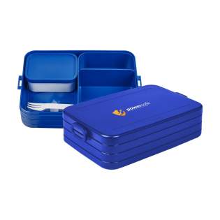 Bento lunch box from Mepal. This lunch box has two separate compartments, as well as an extra box with a fork. This lunch box is robust in design with a close-fitting lid. The lid is fitted with a sealing ring ensuring that the contents remain fresh for a long period of time. The bento containers in the lunch box can be used in the microwave, without the lid. A very high-quality product, this lunch box has a capacity of 1.5ltrs and is suitable for storing up to 8 sandwiches. BPA Free and Food Approved, with a 2-year Mepal factory warranty. Made in Holland.   STOCK INFORMATION: Up to 1,000 pieces available within 10 working days. Reservations and exceptions apply.