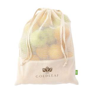 WoW! Sac pour fruits et légumes ECO réutilisable, en coton 100% biologique (120 g/m²). Coton maillé sur le devant et coton non-maillé à l'arrière avec une fermeture à cordon. L'utilisation de ce sac permet de réduire le nombre de sacs plastiques à usage unique en circulation, ce qui contribue de manière positive à l'environnement. Capacité env. 1,5 litres.