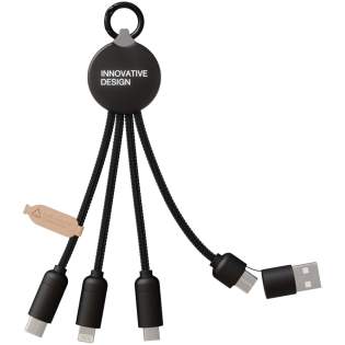 5-in-1 charging cable with 3 connectors (Type-C, Android, iPhone) and rPET cords (made from recycled plastic bottles). Thanks to its dual USB-A + USB-C input, the cable is 100% compatible with the latest computers on the market (USB-C). Metal-look finish on the end caps. The cable can charge up to 3 devices simultaneously. Delivered in a recyclable sleeve and a recycled paper card.