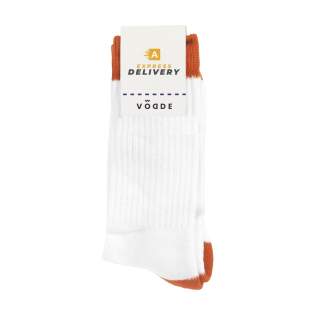 Comfortable socks from Vodde made using a 100% circular economy manufacturing process. These socks are made from collected textiles. The socks consist of 53% recycled cotton (from collected pieces of fabric), 38% recycled polyester (from collected PET bottles), 6% nylon and 3% elastane. Including knitted-in, customised design. All Vodde socks are supplied as standard in pairs with a label, which can be printed in your own full color design. This way you can design your own socks that perfectly match any corporate identity. These quality socks have a reinforced sole and are ideal to wear during sports or hiking.   • Available in sizes M (36-40) and L (41-46). • Minimum order: 100 pairs of socks per size. Minimum order in total: 200 pairs of socks.  • Optional:  Supplied in pairs in a (customised) box made from recycled  cardboard - possible from 1,200 pairs of socks.   • By wearing these socks you are contributing to a sustainable world with less pollution. Developed and tested in the Netherlands. Made in the EU.  • The Dutch company Vodde reuses discarded textiles to make new products designed by Dutch designers. Vodde makes its yarn from cotton collected by local 'rag farmers' and from cutting waste from textile production in European countries where Vodde makes its own products. In addition, polyesters derived from PET bottles, nylon, fishing nets and other collected waste are also used.