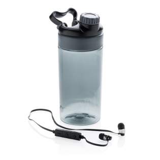 Leakproof tritan bottle with unique lid incorporating easy carry handle. Sweatproof wireless Bluetooth 4.0 earbuds inside. 55 mAh battery inside for 3 hours of music. Includes microphone, phone pickup function and volume control. Includes micro USB cable. Content 500ml.