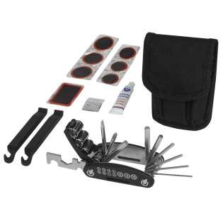 15-piece multi-tool with 2 tyre levers, grater, glue and stickers including pouch with reflective trim and 2 straps with hook & loop closure to attach to your bicycle.