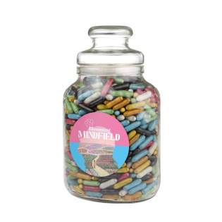 Nostalgic candy jar featuring a full color sticker on the front and filled with approx. 1200 grams of Licorice sticks mix