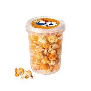 Kleiner Eimer 0.5L gefüllt mit ca. 30 Gramm süßem orangefarbenem Popcorn, mit vollfarbigem Aufkleber auf dem Deckel