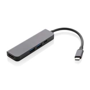 Hub gemaakt van gerecycled aluminium met RCS (Recycled Claim Standard) certificering, ABS, TPE en PET. Met 1 USB A 2.0, 1 USB A 3.0, 1 type C-poort en een 4K HDMI-poort. De HUB heeft een geïntegreerde 10 cm type C-kabel gemaakt van gerecycled TPE/PET-materiaal met RCS-certificering. Totale gerecyclede inhoud: 58% op basis van het totale gewicht van het artikel. RCS-certificering garandeert een volledig gecertificeerde toeleveringsketen van gerecyclede materialen. Met een dubbele invoeraansluiting, zodat het geschikt is voor zowel type C- als USB A-computers. Aluminium verliest zijn eigenschappen niet tijdens het recyclingproces en kan eindeloos worden gerecycled. Het artikel en de accessoires zijn 100% PVC-vrij. Verpakt in FSC-mix verpakking. Ondersteunt gegevensoverdracht.<br /><br />PVC free: true