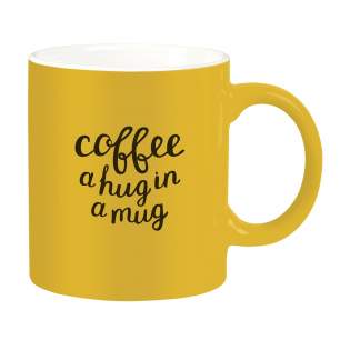 High quality ceramic mug. In all white or with a coloured exterior. Capacity 350 ml. Dishwasher safe. The imprint is dishwasher tested and certified: EN 12875-2.