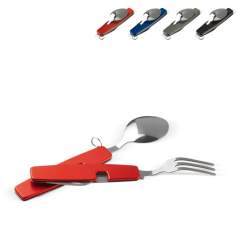 Outdoor cutlery set and multi-tool. Compact, handy and easy to use. This tool includes a knife, fork, spoon and bottle opener.