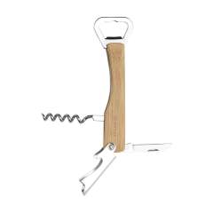 Metal, folding waiter’s friend with bamboo grip and 4 functions: corkscrew, 2 bottle openers, foil cutter. Each item is supplied in an individual brown cardboard box.