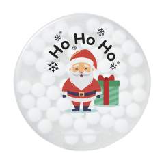 Round plastic dispenser filled with approx. 12 g (55 pieces) of sugar free mints. - This product is printed with a standard Christmas design. Choice of 6 different designs as shown in the images. It is not possible to customize a design.