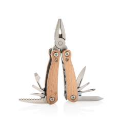 Compact and durable multitool with 12 functions. With beech wood case and high quality stainless steel tools. Tools include: long nose pliers, standard pliers, wire cutters, serrated blade, small knife, medium flat screwdriver, bottle opener, large flat screwdriver, knife, small flat screwdriver, phillips screwdriver, file & cleaner. Packed in gift box.