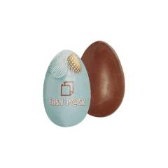 Hollow milk chocolate Easter egg of approx. 10 grams wrapped in white aluminum foil with an all-over full colour print. Also available with silver and gold foil.