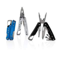 Sterke en duurzame multitool met 11 functies. Met aluminium behuizing en roestvrij stalen gereedschap. Inclusief: langbektang, gewone tang, kniptang, mes, kruiskopschroevendraaier, schroevendraaier met platte kop, zaag, blikopener, flesopener, stript...