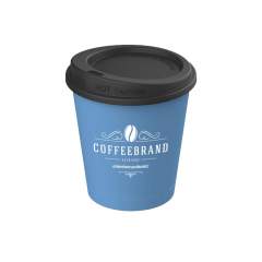 Reusable coffee cup ideal for drinks on the go. Made from plastic, this cup has a lid with an opening that helps to prevent spills. Fits in a standard car drinks holder making it ideal for use on the road. Also useful as a reusable cup for the coffee machine. The perfect alternative to a disposable coffee cup. By switching to a reusable cup, billions of fewer cups end up in the waste. This beautiful cup is 100% recyclable, BPA-free and stackable. Dishwasher-safe. Washing by hand is recommended to preserve the imprint. Made in Germany. Capacity 200 ml. Minimum order 100 pieces per colour.