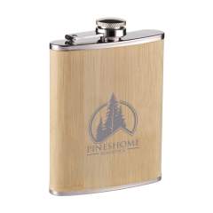 Tough stainless-steel hip flask with bamboo casing and handy screw cap. Leak proof. Capacity 200 ml. Each item is supplied in an individual brown cardboard box.