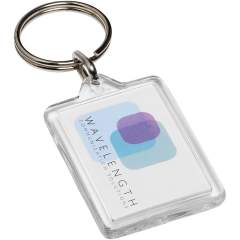 Clear rectangular Y1 keychain with metal split keyring. The metal looped ring offers a flat profile which is ideal for mailings. Print insert dimensions: 3,5 cm x 2,4 cm.