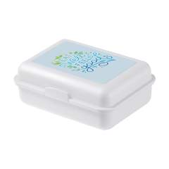 Praktische, royale lunchbox van stevig bio-plastic. Met handige kliksluiting. BPA-vrij, Food Approved, smaakneutraal en 100% recyclebaar. Made in Germany.  Het oppervlak is ideaal voor een full colour iMould opdruk (water-, kras-, kleur- en UV-bestendig) in elk gewenst design. Minimale afname 500 stuks per kleur.